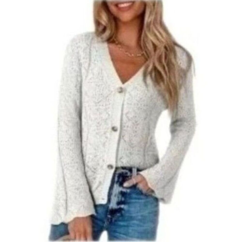 NWT Dokotoo White Crochet Cardigan Sweater L 12 Boho Summer Bell Sleeve Knit